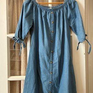 100% Cotton Denim-Style Off-Shoulder Button-Down Dress
